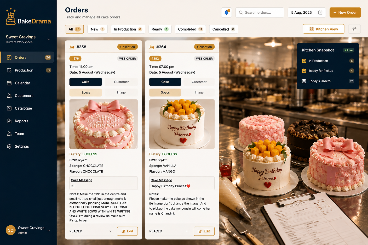 BakeDrama order management, showing live orders and kitchen production status on a laptop in a bakery kitchen